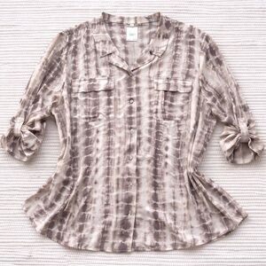 Tie Dye Button Down Blouse Neutral Flowy Roll Tab Sleeve Plus 26/28